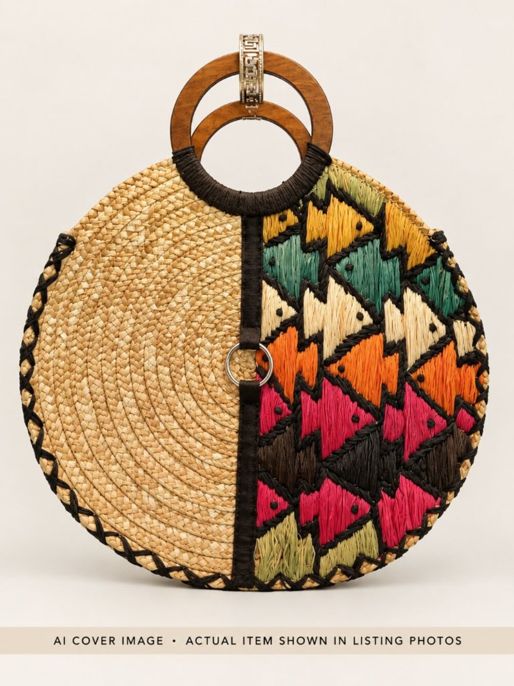 Straw Studios Round Raffia Tote Bag Wooden Ring Handles Boho Beach Resort